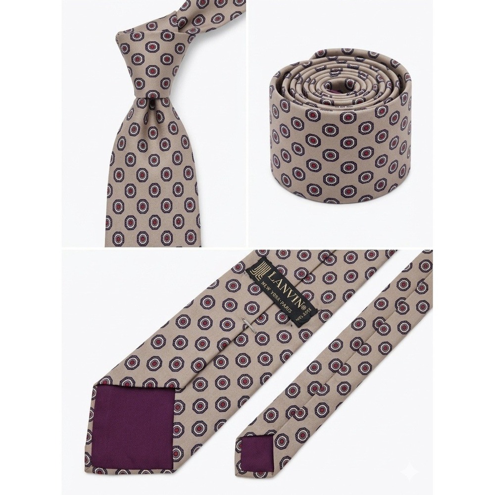 Vintage LANVIN Paris Silk Tie Beige Red Octagon Medallion Geometric 3.75" Wide